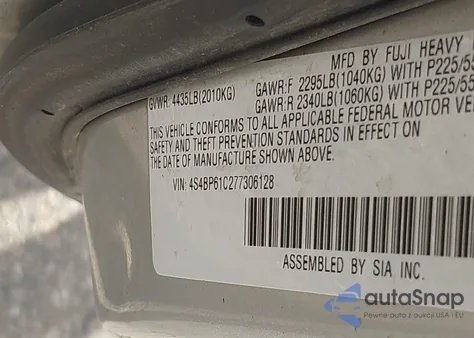 2007 Subaru Outback 2.5I из США, поврежденный, VIN 4S4BP61C277306128